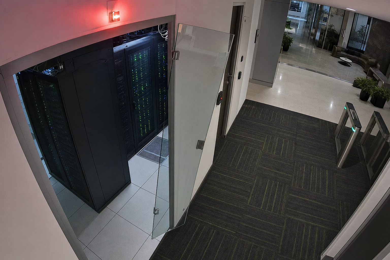 Server room door breach on an office restricted floor